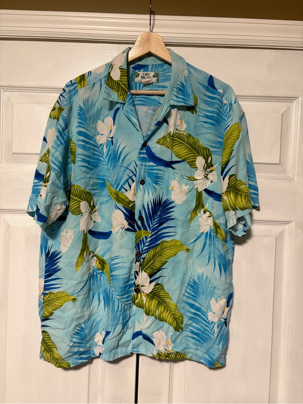 Two Palms Made In Hawaii Hawaiian Shirt L Blue Floral Palm Rayon Camp